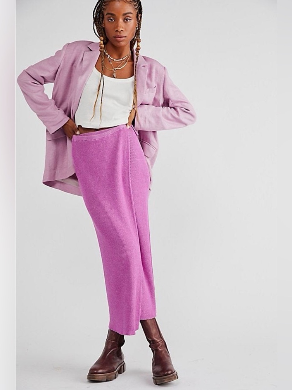 NWT Free People Borderline Knit Wrap Midi Skirt In Orchid Combo